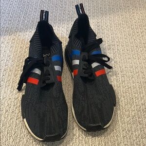 Adidas NMD R1 Primeknit Tricolor Black Sneakers with Red, Blue, Silver Accents